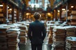 A young determined businessman stands among mounds of paperwork in a stately library-like archive, evaluating his workload