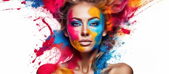 Poster - A woman adorned with vibrant paint on her face and body creating a stunning photomontage. Her eyebrows and eyelashes accentuated with art for an entertaining performance at a fashion design event