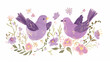 Pássaro roxo e flores da primavera - Ilustração fofa