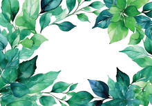 Abstract Watercolor Green Leaves Frame With Copy Space Background