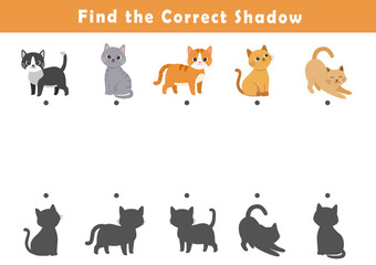 Wall Mural - Find the correct shadow of the cute illustration of cat. Educational logic game for children. Printable worksheet.