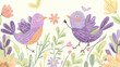 Pássaro roxo e flores da primavera - Ilustração fofa