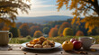 Healthy autumn breakfast in a panorama banner with cold meats, cheese, cereal, croissant, coffee and orange juice with autumn leaves and sunflowers
.Generative AI