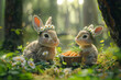 In a charming woodland glade a pair of cartoon rabbits, mother and bunny, with daisy chain crown having a joyful picnic of carrots. Mothers day concept