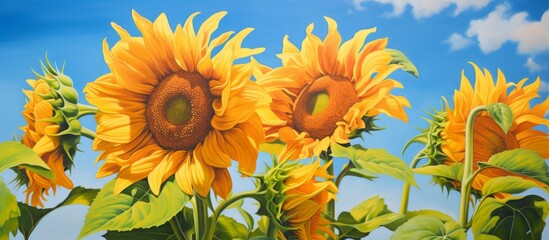 Poster - A landscape painting of sunflowers, a flowering plant with bright yellow petals, set against an electric blue sky in the background