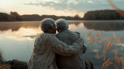 Canvas Print - Two seniors are embracing by a lake at sunset.