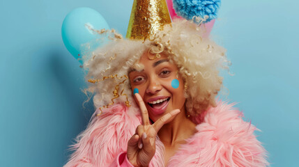 Canvas Print - A joyous woman with a golden party hat and face paint holds a balloon and makes a peace sign with her hand.