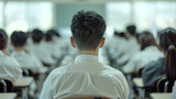 Fototapeta  - A teacher's back view with rows of students in uniforms facing a blackboard.