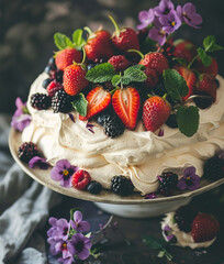 Wall Mural - Pavlova cake dessert with berries and flowers