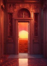 Red Door In Front Of The Door The Most Surreal Scene Imaginable, In A Surreal Dreamscape, Detailed, Art By The Doors, 3D Rendering