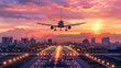 Passenger commercial plane landing at sunset, passenger airplane transport.
