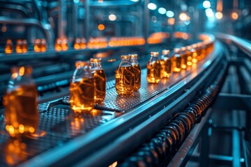 An industrial image showcasing the automated manufacturing process of bottling with a focus on the conveyor belt and bottles