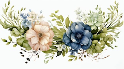 Wall Mural - A blue and white flower arrangement with green leaves