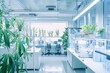 A room filled with numerous plants positioned next to a window, portraying a botanical laboratory setting with modern equipment and bright lighting