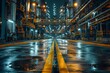 A wet road marks a pathway between intricate networks of pipes and factories, showing industry's vast scale