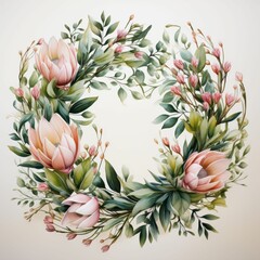 Wall Mural - A wreath of flowers with pink flowers and green leaves