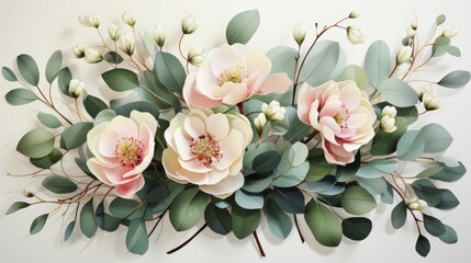 Wall Mural - A floral arrangement with three pink flowers and green leaves