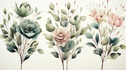 Wall Mural - Three flowers with green leaves are arranged in a row