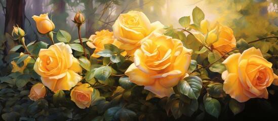 Sticker - An image of yellow hybrid tea roses blooming in a sunlit garden, showcasing the beauty of this flowering plant from the Rose family