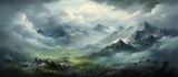 Fototapeta Natura - A natural landscape painting depicting a mountain range shrouded in fog and clouds, with cumulus formations creating an atmospheric event in the sky