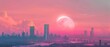 Dreamy minimal city under a vast pastel sky where the sun and moon create a unique sci fi inspired light show
