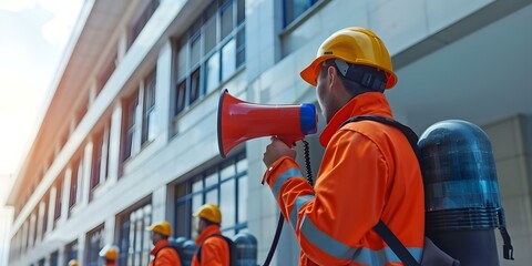 Wall Mural - Workers evacuating office building during fire drill as firefighter uses megaphone to announce emergency evacuation. Concept Fire Drill, Evacuation Procedure, Emergency Preparedness