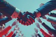 Businessmen shaking hands, closing deal, partnership agreement, business merger concept, low angle view, copy space, 3D render