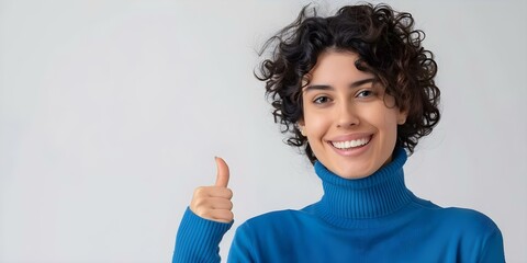 Wall Mural - Woman with Curly Hair Wearing Blue Turtleneck Smiling and Pointing Thumb Aside on White Background. Concept Portrait Photography, Curly Hair, Blue Turtleneck, White Background, Positive Gestures