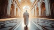 Solemn Cathedral Walk, clergy member walks through the hallowed halls of a cathedral bathed in divine light