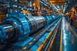 Heavy cylindrical steel machinery operating within an industrial environment with blue tones