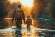 A parental figure leads a young child by hand, walking together through a serene, sunlit flooded forest landscape