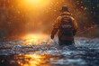A lone fisherman wades through a river during the golden hour with splashing water drops