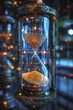 © Kanisorn - Suspended hourglass with sand turning into digital bytes, on a time space continuum background, merging of time and technology