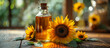 Fresh extra virgin cold pressed sunflower seed oil bottle with sunflower plant on background. 