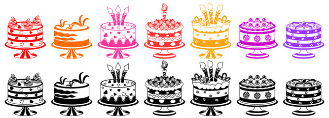 Wall Mural - Set of colored and black icons of cakes, desserts. Birthday cake with candles, isolated on white background, vector.