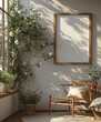 Cozy interior with wooden armchair, blank frame on wall, and indoor plants by window casting shadows.