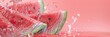 Fresh ripe sliced watermelon slices in splashes of water, healthy fruit, banner