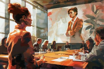 Poster - Confident female executive leading a successful corporate team meeting, modern office, digital painting
