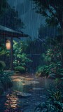 Fototapeta Uliczki - Anime-style illustration of a garden path with lush foliage on a dark rainy day