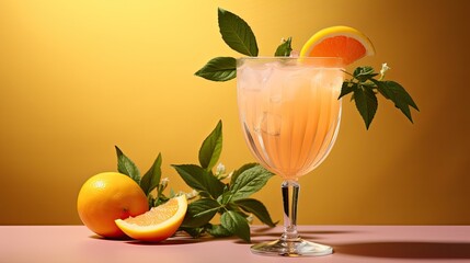 Wall Mural - Simple summer alcohol beverage, Peach Bellini cocktail in glass isolated with copy space.
