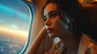 Woman sitting in a seat in airplane and looking out the window going on a trip vacation travel concept.