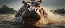 A Hippopotamus With Its Massive Jaw And Snout Can Be Seen Running Through The Water, Showcasing Its Strength As A Terrestrial Animal In Its Natural Landscape