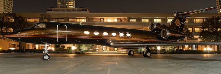 A modern hangar with a modern high-tech private jet standing in it. Sleek private jet gleams in modern hangar, epitomizing luxury.