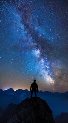 Wall Mural - Man standing on the mountain at night with starry sky and Milky Way