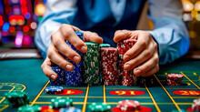 Close Up Of Casino Dealer Hands Holding Chips Pile On Roulette Gambling Table