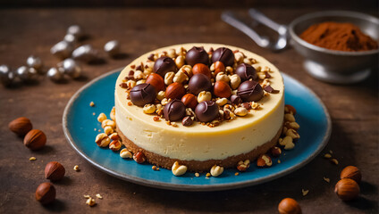 Wall Mural - Delicious cheesecake with chocolate and nuts sweet food