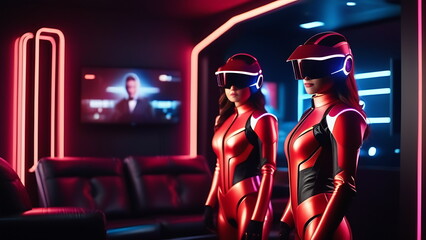 Wall Mural - 2 girls in gaming red leather suits with helmets in a room with a TV with red lighting and sofas