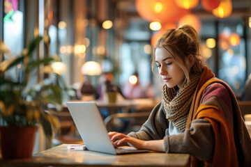 Poster - Focused Employee Working On A Laptop In A Cafe