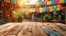 Empty Wooden Table Top On Mexican Cinco De Mayo Festival Background