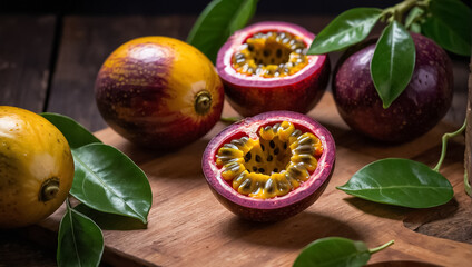 Wall Mural - Ripe  organic  passion fruit on wooden background